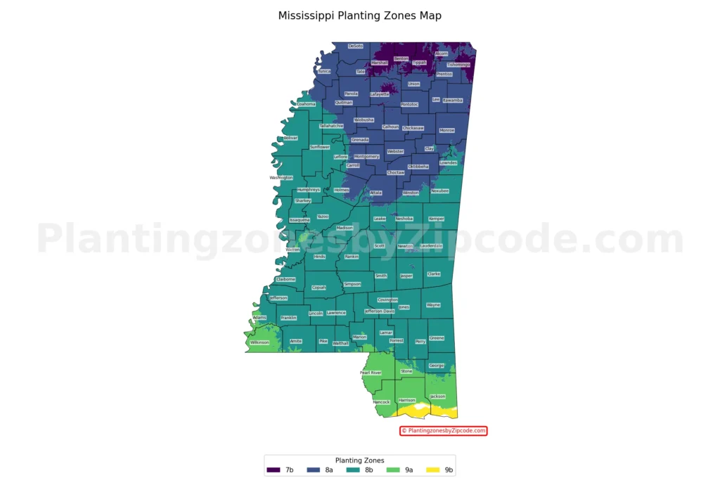 Mississippi hardiness zones map