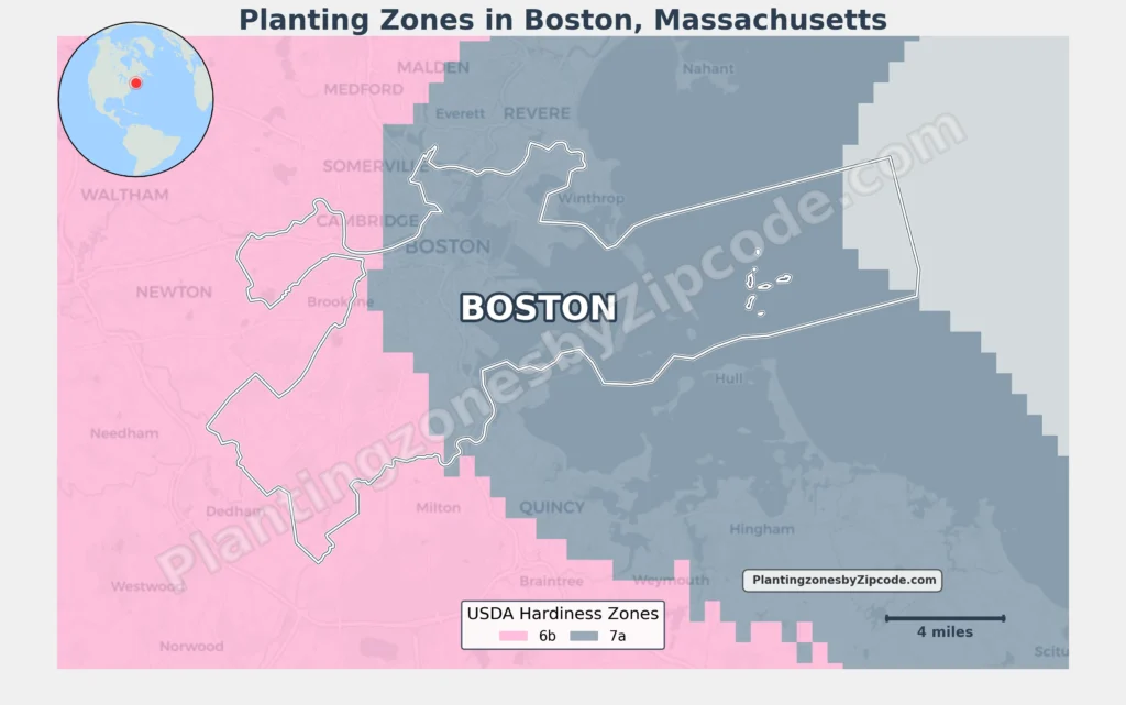 Boston Massachusetts USDA hardiness zones map