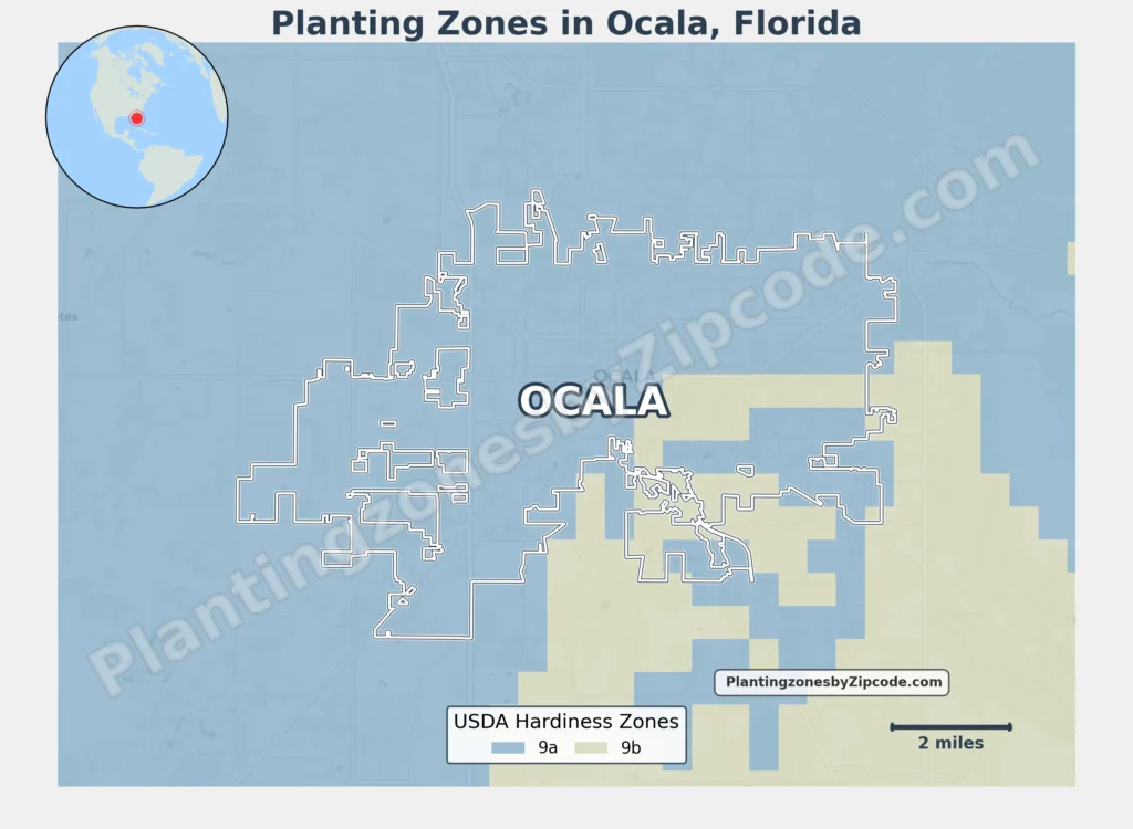 Map of 2 USDA Planting Zones in Ocala Florida