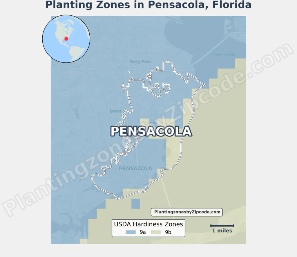 Map of USDA Planting zones in Pensacola Florida