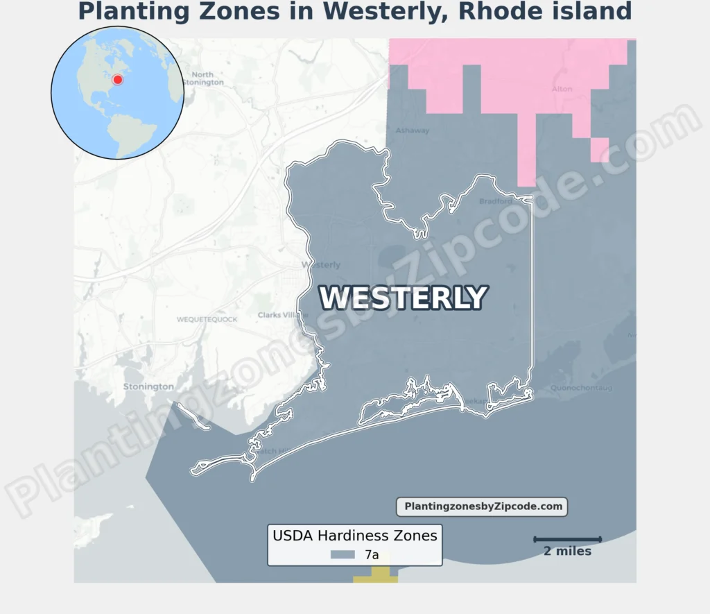 Westerly Rhode Island USDA hardiness zones map