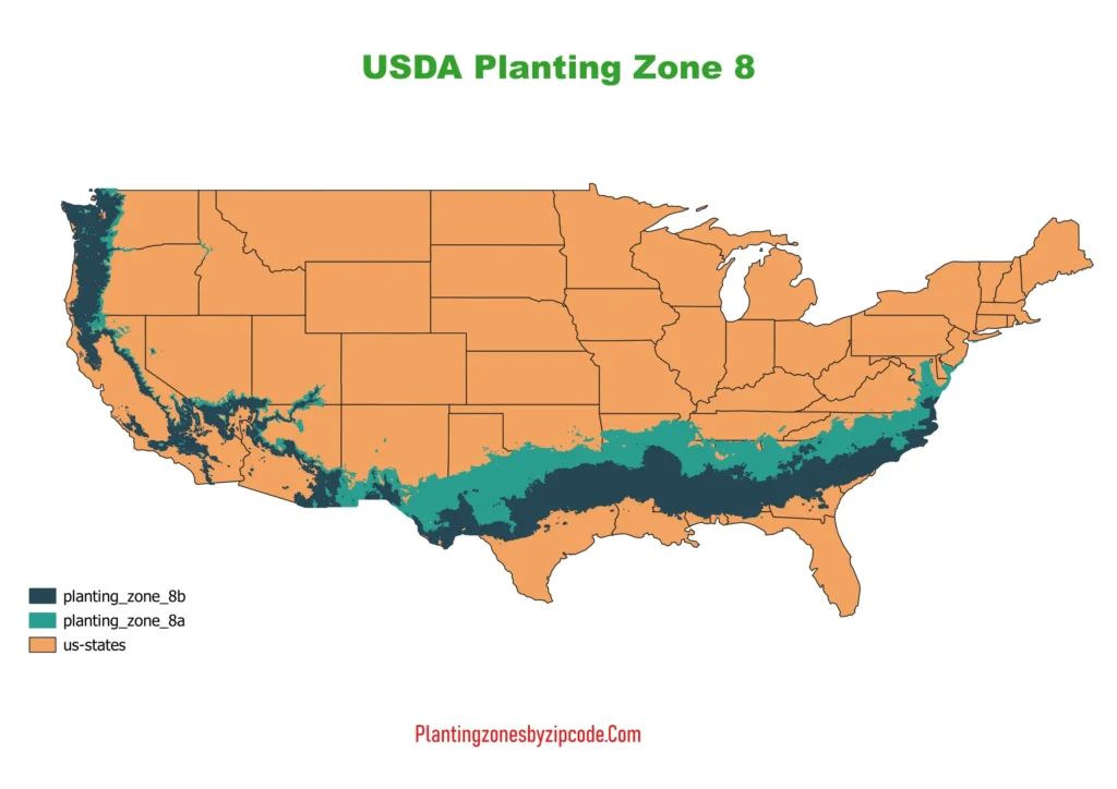 USDA Hardiness zone 8 Map